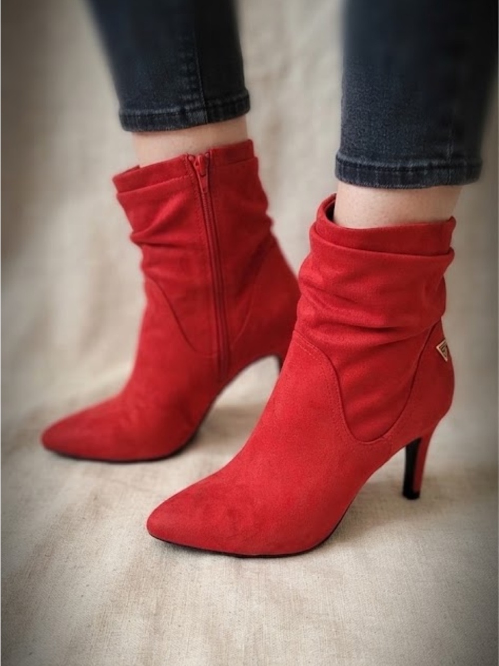 GUESS Red Faux Suede Pointed Toe Slouchy Ankle Boots